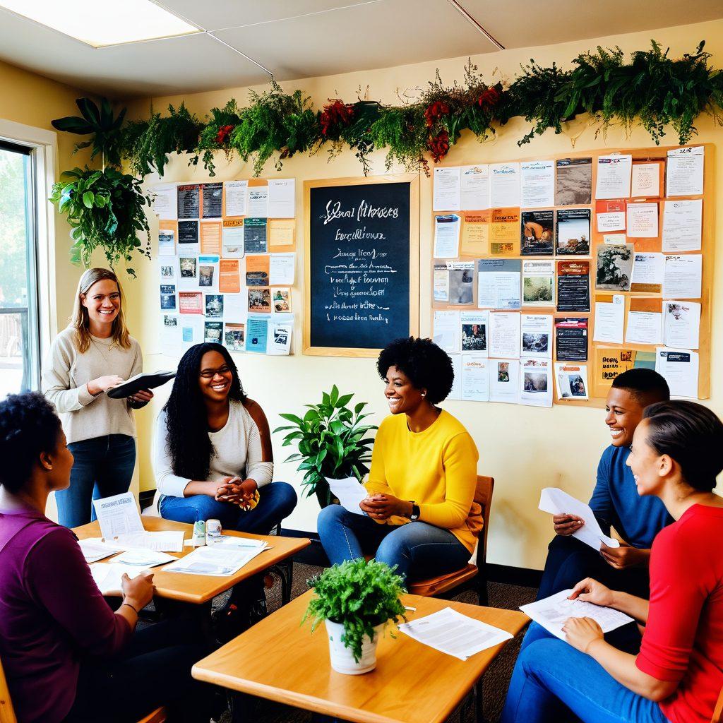 A diverse group of smiling individuals gathered in a warm, inviting community center, sharing resources and stories of resilience. Include elements like a bulletin board filled with support group flyers, and tables with resource materials, surrounded by plants and comforting decor. The scene should radiate a sense of hope, camaraderie, and support. vibrant colors. cozy atmosphere. warm lighting.