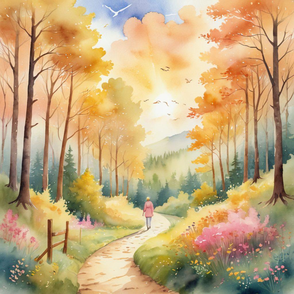 A serene landscape depicting a path winding through a vibrant forest, symbolizing the journey of cancer survivors. Along the path, illustrated signs show supportive messages and essential resources. In the sky, a soft golden light breaks through the clouds, representing hope and empowerment. Gentle figures of diverse individuals walk the path together, sharing stories. watercolor style. warm colors. uplifting atmosphere.