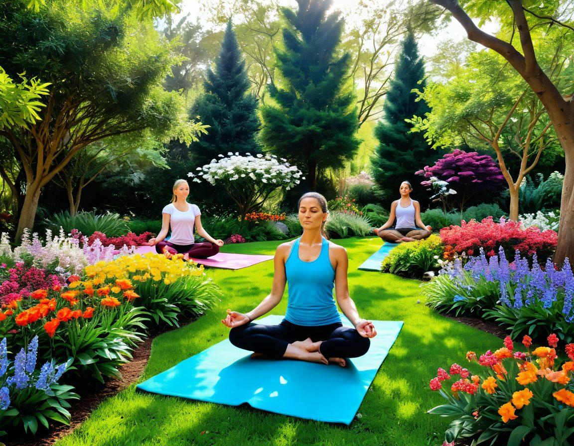 A serene landscape featuring a vibrant garden with blooming flowers and lush greenery, symbolizing healing and wellness. Include a diverse group of people engaging in yoga and meditation, exuding positive energy and connection. Add a gentle sunlight filtering through the trees, casting warm light across the scene. Emphasize a tranquil atmosphere to convey hope and resilience. super-realistic. vibrant colors. 3D.